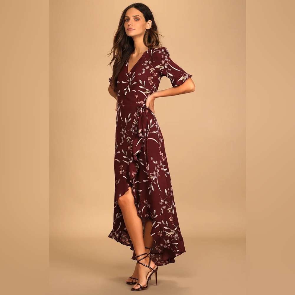 Lulu’s Wild Winds Burgundy Floral Print High-Low Wrap Dress